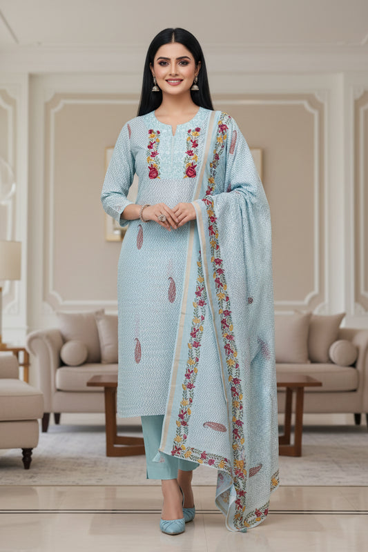 Mul Cotton Printed Unstitched Suit with Neck Embroidery & Digital Print Dupatta