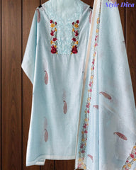 Mul Cotton Printed Unstitched Suit with Neck Embroidery & Digital Print Dupatta