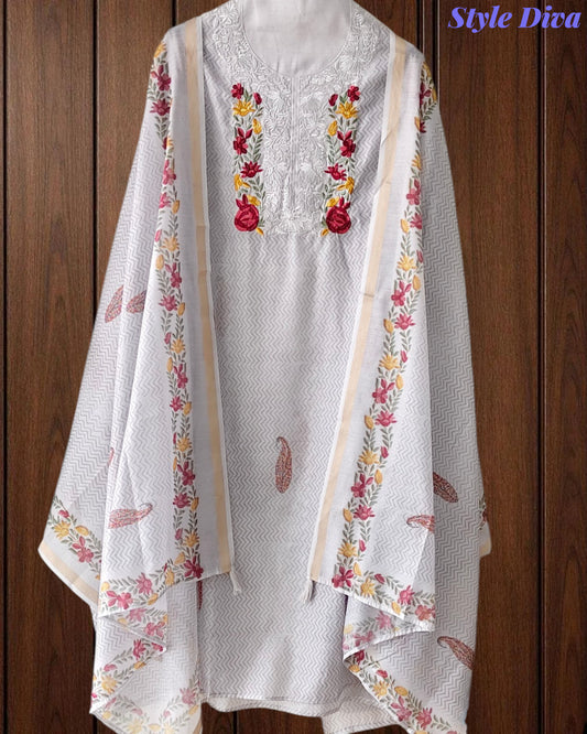 (LIGHT GREY)-Mul Cotton Printed Unstitched Suit with Neck Embroidery & Digital Print Dupatta