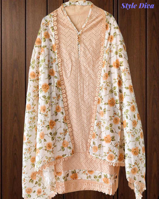 Hakoba Cotton Crochet Lacing Semi-Stitched Suit with Pure Cotton Printed Dupatta
