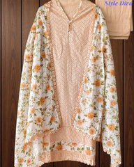 Hakoba Cotton Crochet Lacing Semi-Stitched Suit with Pure Cotton Printed Dupatta