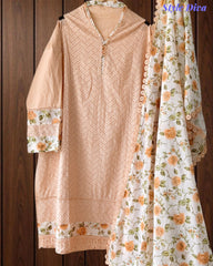 Hakoba Cotton Crochet Lacing Semi-Stitched Suit with Pure Cotton Printed Dupatta