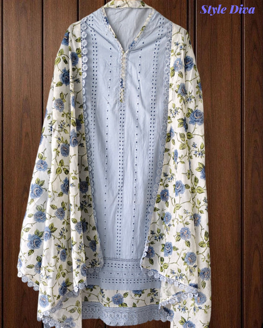 Hakoba Cotton Crochet Lacing Semi-Stitched Suit with Pure Cotton Printed Dupatta