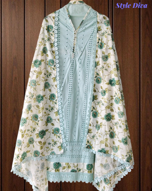 Hakoba Cotton Crochet Lacing Semi-Stitched Suit with Pure Cotton Printed Dupatta