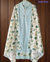 Hakoba Cotton Crochet Lacing Semi-Stitched Suit with Pure Cotton Printed Dupatta