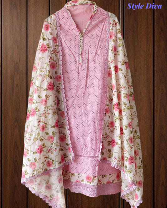 Hakoba Cotton Crochet Lacing Semi-Stitched Suit with Pure Cotton Printed Dupatta