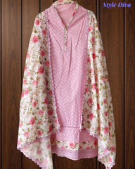 Hakoba Cotton Crochet Lacing Semi-Stitched Suit with Pure Cotton Printed Dupatta