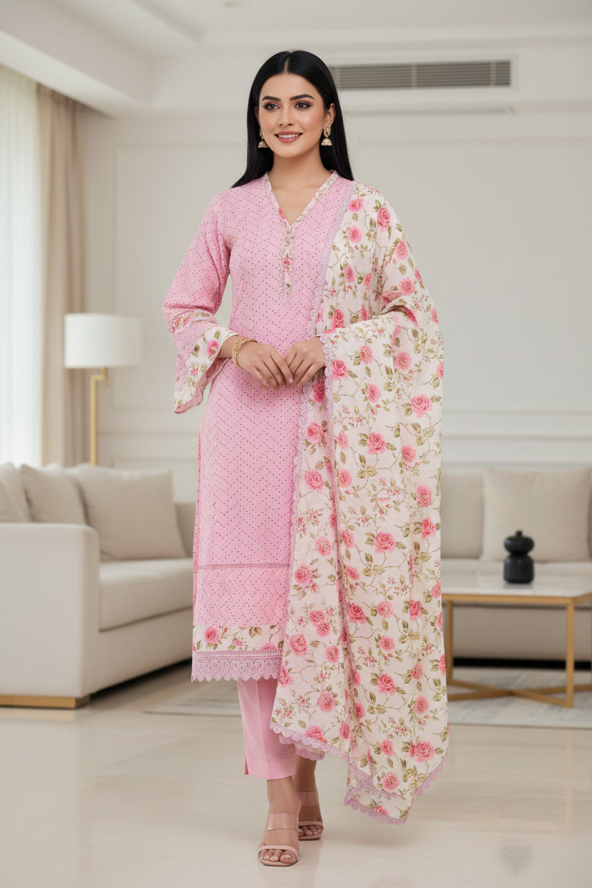 Hakoba Cotton Crochet Lacing Semi-Stitched Suit with Pure Cotton Printed Dupatta