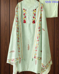 Mul Cotton Printed Unstitched Suit with Neck Embroidery & Digital Print Dupatta