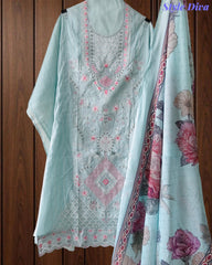 Mul Cotton Overall Laser Cut Embroidery Unstitched Suit with Mul Cotton Digital Print Dupatta