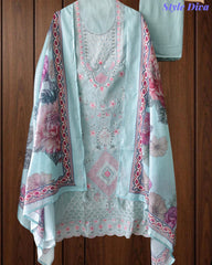 Mul Cotton Overall Laser Cut Embroidery Unstitched Suit with Mul Cotton Digital Print Dupatta