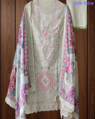 (LIGHT GREEN)- Mul Cotton Overall Laser Cut Embroidery Unstitched Suit with Mul Cotton Digital Print Dupatta