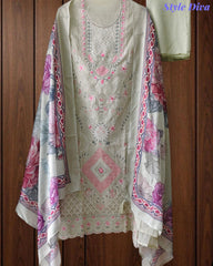 (LIGHT GREEN)- Mul Cotton Overall Laser Cut Embroidery Unstitched Suit with Mul Cotton Digital Print Dupatta