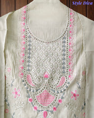 (LIGHT GREEN)- Mul Cotton Overall Laser Cut Embroidery Unstitched Suit with Mul Cotton Digital Print Dupatta