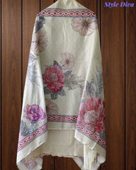 (LIGHT GREEN)- Mul Cotton Overall Laser Cut Embroidery Unstitched Suit with Mul Cotton Digital Print Dupatta