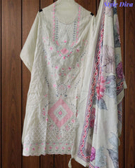 (LIGHT GREEN)- Mul Cotton Overall Laser Cut Embroidery Unstitched Suit with Mul Cotton Digital Print Dupatta