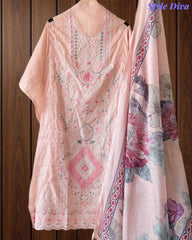 Mul Cotton Overall Laser Cut Embroidery Unstitched Suit with Mul Cotton Digital Print Dupatta