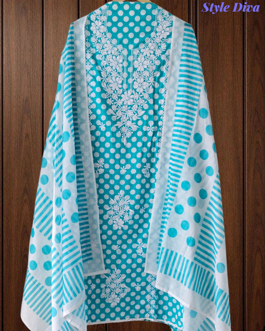 Pure Cotton Polka Printed Embroidered Un-Stitched Suit with Chikani Kari Work Bottom