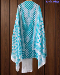 Pure Cotton Polka Printed Embroidered Un-Stitched Suit with Chikani Kari Work Bottom