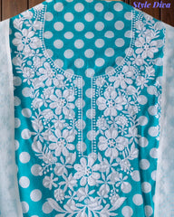 Pure Cotton Polka Printed Embroidered Un-Stitched Suit with Chikani Kari Work Bottom