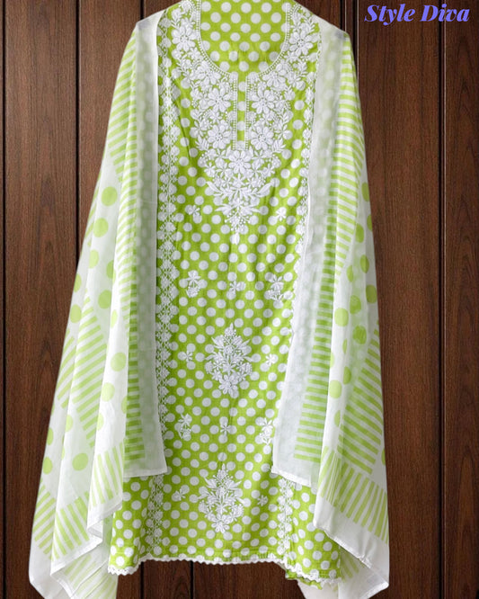Pure Cotton Polka Printed Embroidered Un-Stitched Suit with Chikani Kari Work Bottom