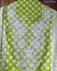 Pure Cotton Polka Printed Embroidered Un-Stitched Suit with Chikani Kari Work Bottom