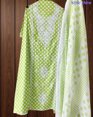 Pure Cotton Polka Printed Embroidered Un-Stitched Suit with Chikani Kari Work Bottom
