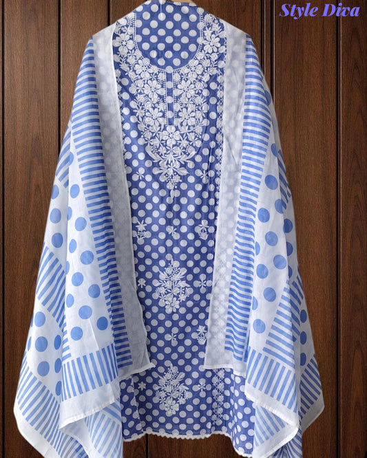Pure Cotton Polka Printed Embroidered Un-Stitched Suit with Chikani Kari Work Bottom