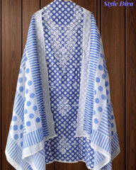 Pure Cotton Polka Printed Embroidered Un-Stitched Suit with Chikani Kari Work Bottom