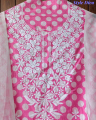 Pure Cotton Polka Printed Embroidered Un-Stitched Suit with Chikani Kari Work Bottom