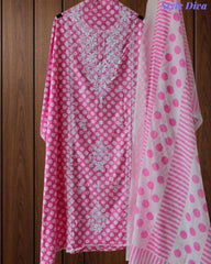 Pure Cotton Polka Printed Embroidered Un-Stitched Suit with Chikani Kari Work Bottom