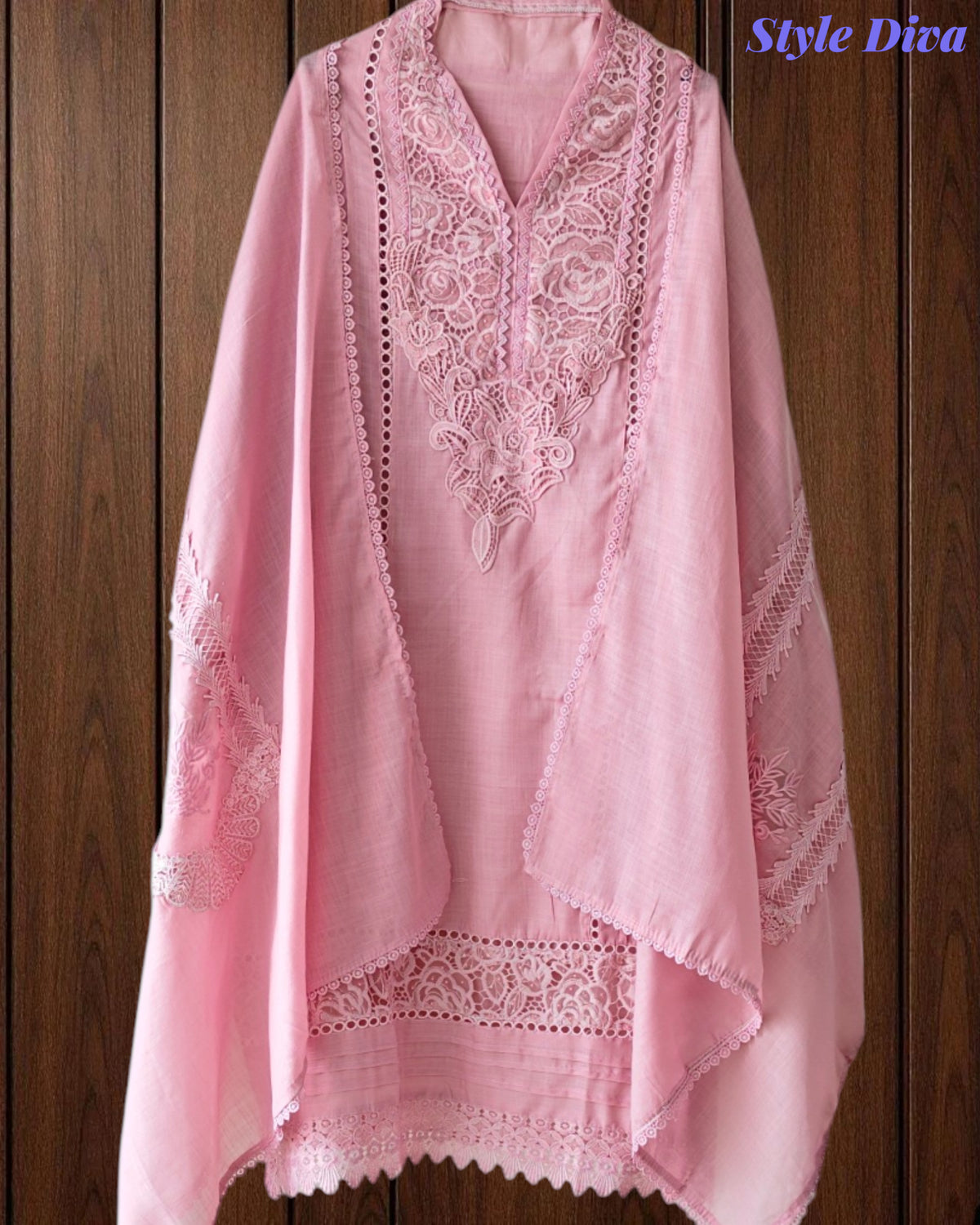 Cotton (Khadi) Pakistani Crochet Lace Semi-Stitched Suit with Dupatta (3 Pc Set)