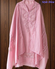 Cotton (Khadi) Pakistani Crochet Lace Semi-Stitched Suit with Dupatta (3 Pc Set)