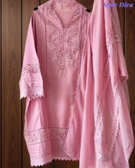 Cotton (Khadi) Pakistani Crochet Lace Semi-Stitched Suit with Dupatta (3 Pc Set)