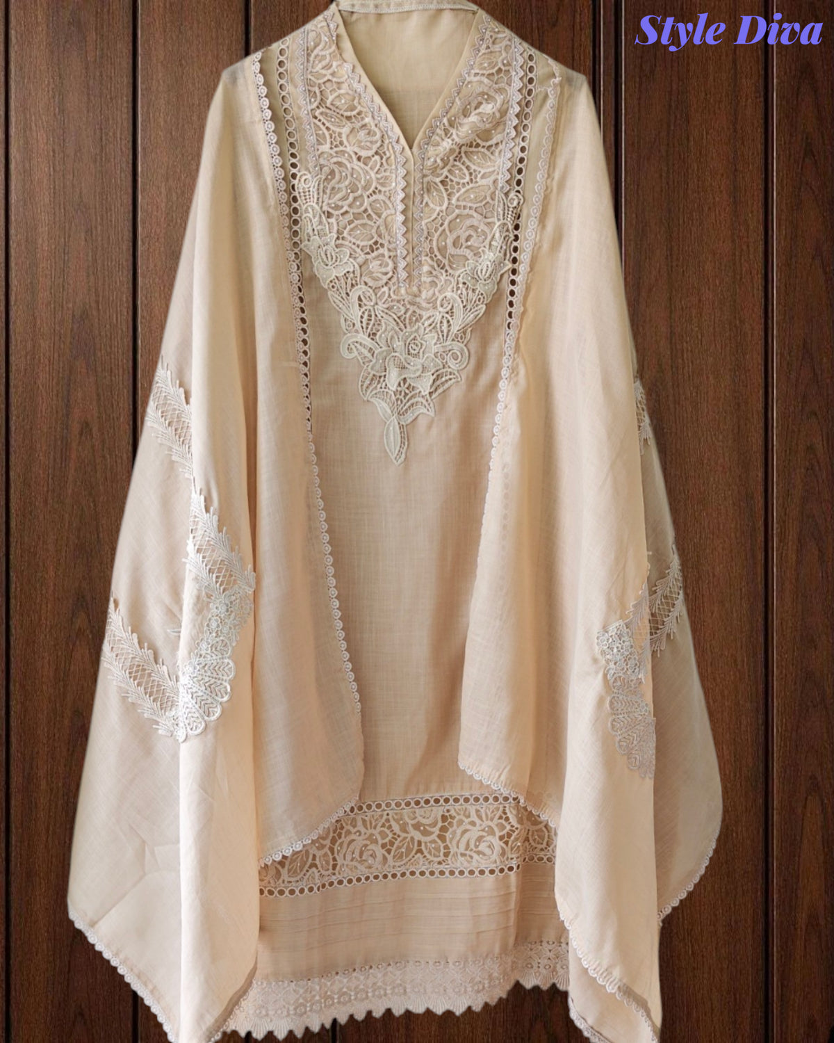 Cotton (Khadi) Pakistani Crochet Lace Semi-Stitched Suit with Dupatta (3 Pc Set)
