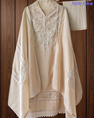 Cotton (Khadi) Pakistani Crochet Lace Semi-Stitched Suit with Dupatta (3 Pc Set)