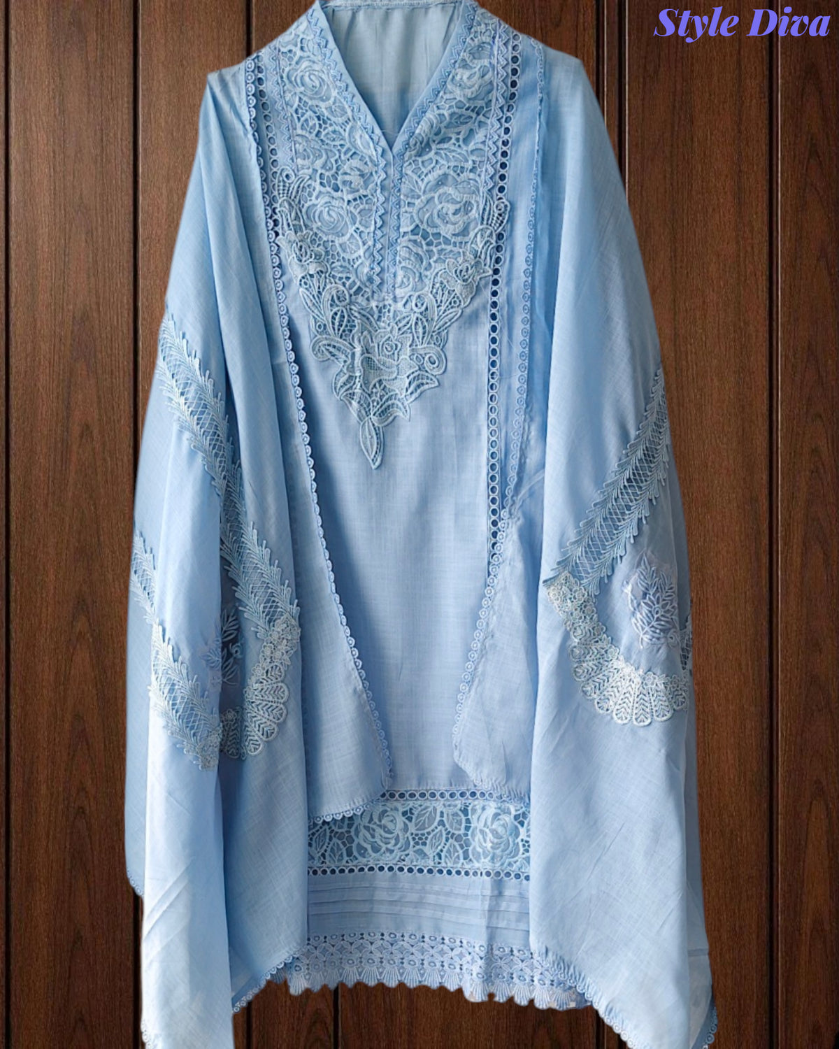 Cotton (Khadi) Pakistani Crochet Lace Semi-Stitched Suit with Dupatta (3 Pc Set)