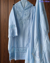 Cotton (Khadi) Pakistani Crochet Lace Semi-Stitched Suit with Dupatta (3 Pc Set)