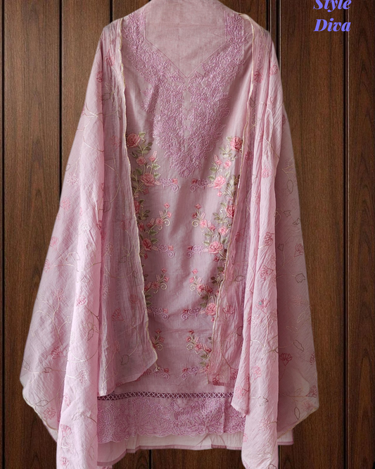 Mul Cotton Dual Overall Embroidery Unstitched Suit with Embroidered Dupatta | Festive & Party Wear