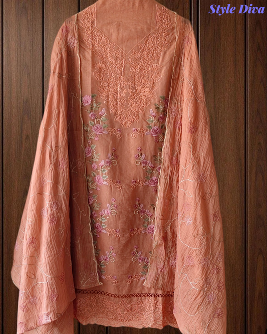 Mul Cotton Dual Overall Embroidery Unstitched Suit with Embroidered Dupatta | Festive & Party Wear