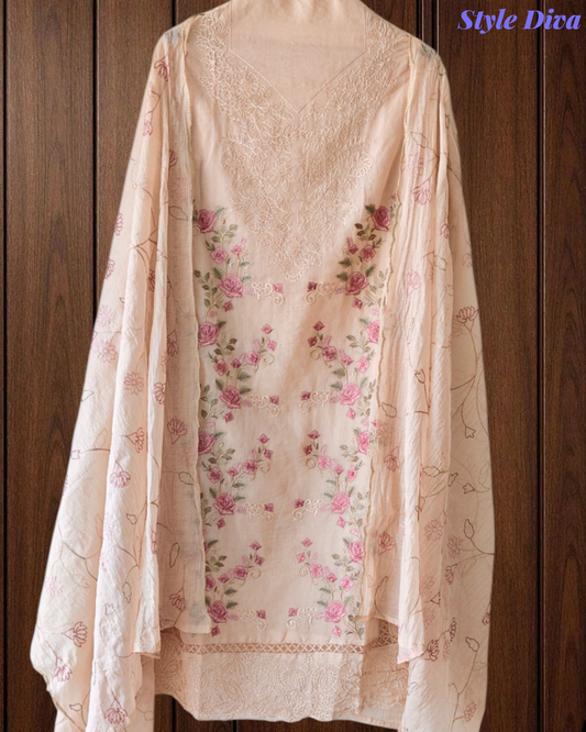 Mul Cotton Dual Overall Embroidery Unstitched Suit with Embroidered Dupatta | Festive & Party Wear