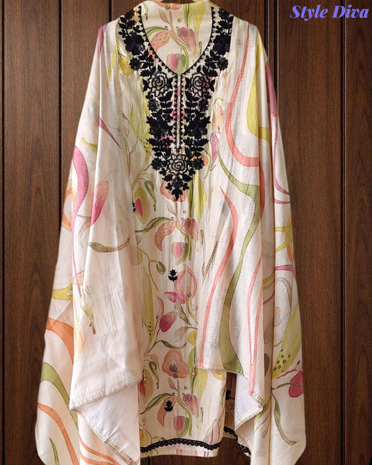Premium Mul Cotton Digital Printed Un-Stitched Suit with Cut Dana Embroidery | 3 Pc Set