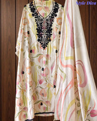 Muslin Digital Printed Cut Dana Embroidered Un-Stitched Suit with Digital Print Dupatta