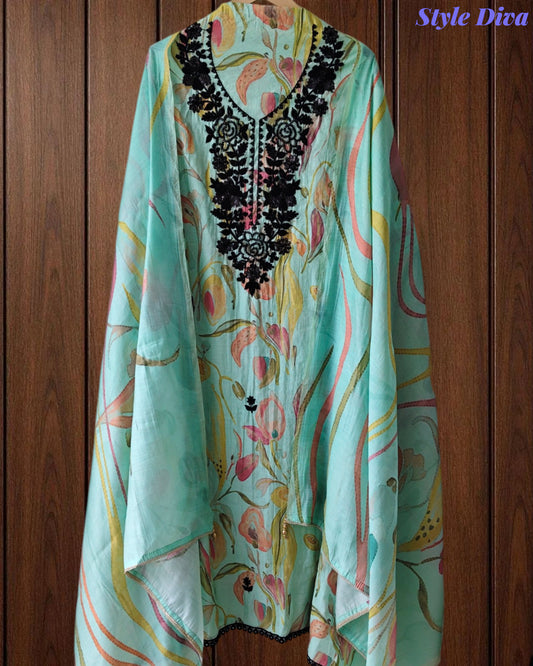 Premium Mul Cotton Digital Printed Un-Stitched Suit with Cut Dana Embroidery | 3 Pc Set