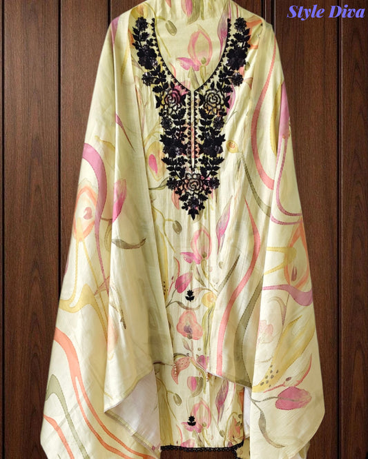 (LIGHT GREEN)-Premium Mul Cotton Digital Printed Un-Stitched Suit with Cut Dana Embroidery | 3 Pc Set