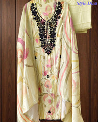 (LIGHT GREEN)-Muslin Digital Printed Cut Dana Embroidered Un-Stitched Suit with Digital Print Dupatta