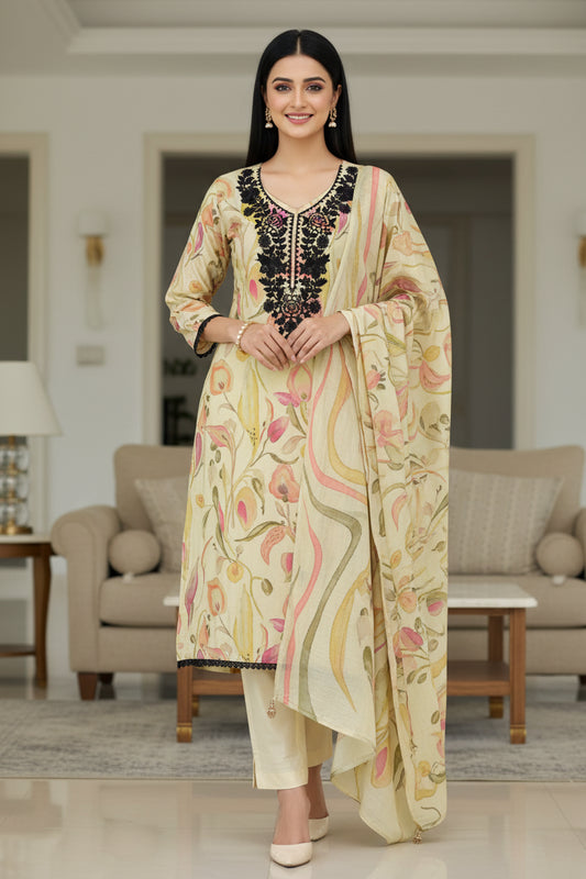 (LIGHT GREEN)-Premium Mul Cotton Digital Printed Un-Stitched Suit with Cut Dana Embroidery | 3 Pc Set