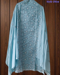 Premium Cotton Laser Cut Embroidered Unstitched Suit Set With Scalloped Dupatta