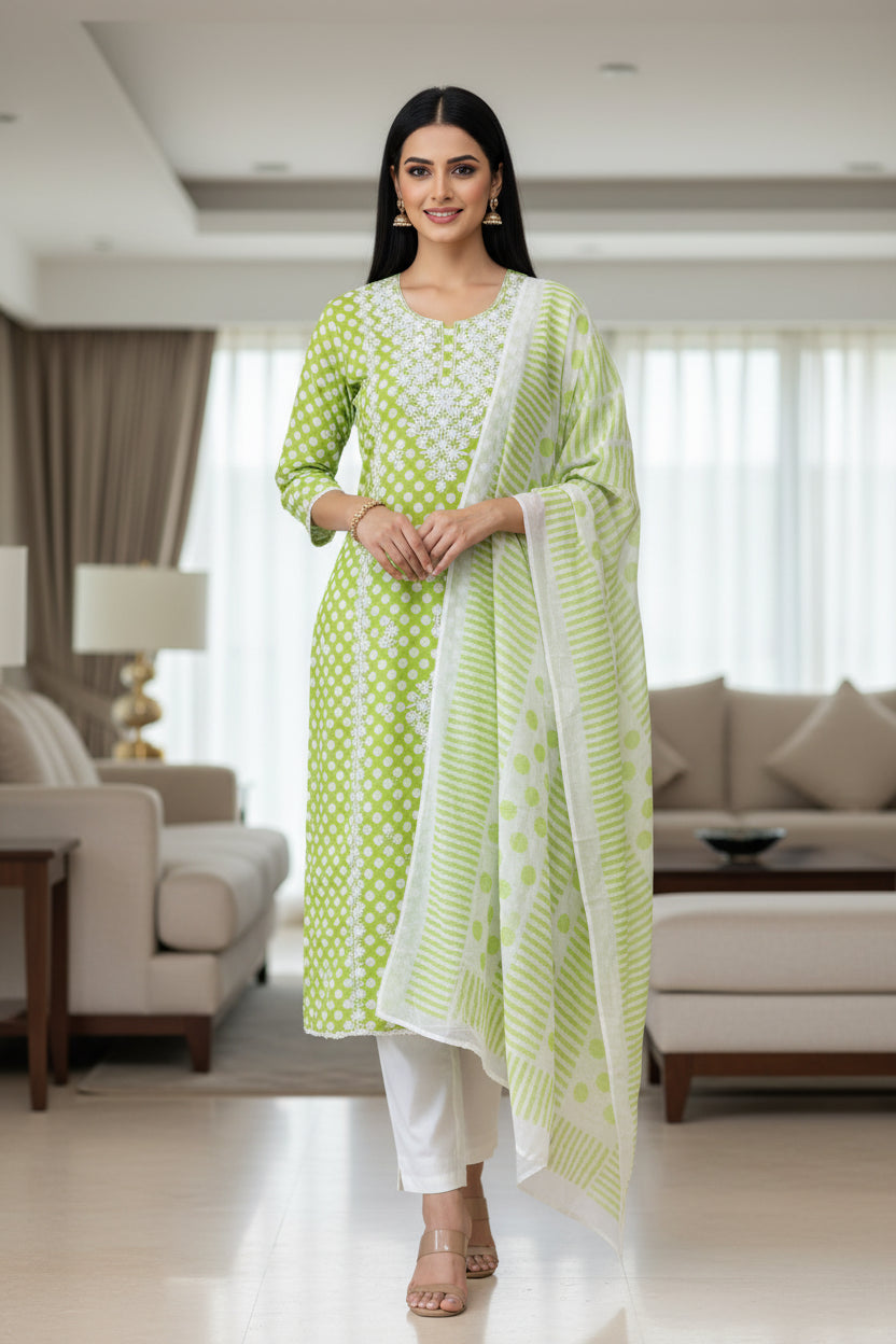 Pure Cotton Polka Printed Embroidered Un-Stitched Suit with Chikani Kari Work Bottom