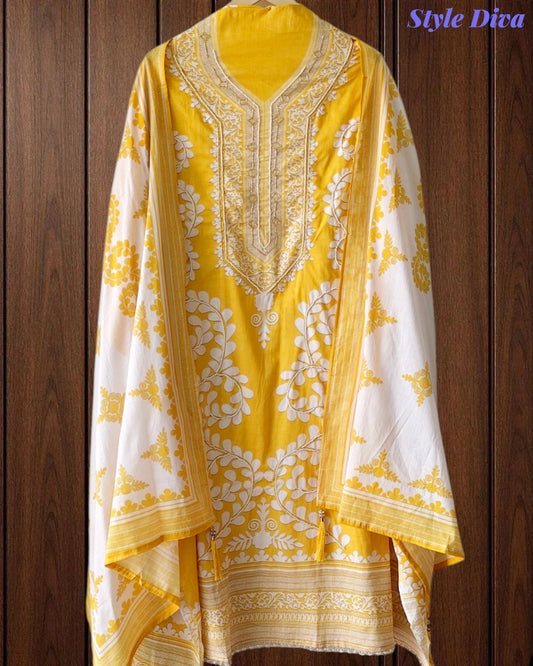 Cotton Digital Print Un-Stitched Suit with Cut Dana, Pearl Work & Tassel Dupatta